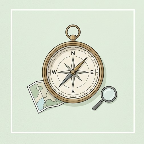 Compass, map and magnifying glass