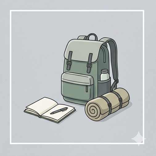 Backpack, sleeping bag and notebook
